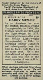 1938 Cartledge Razors Famous Prize Fighters #49 Harry Mizler Back