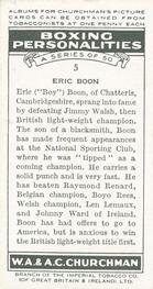 1938 Churchman's Boxing Personalities #5 Eric Boon Back