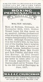 1938 Churchman's Boxing Personalities #31 Walter Neusel Back