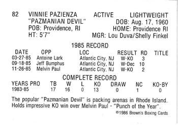 1986 Brown's Red Border #82 Vinny Pazienza Back