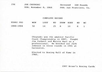 1987 Brown's Orange Border #156 Joe Choynski Back