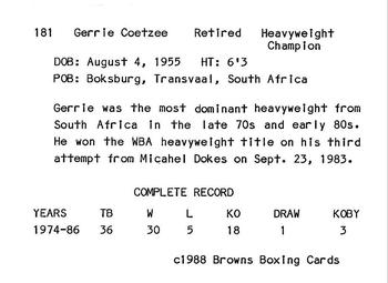 1988 Brown's #181 Gerrie Coetzee Back