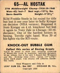 1948 Leaf Knock Out #65 Al Hostak Back