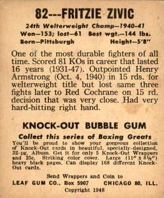 1948 Leaf Knock Out #82 Fritzie Zivic Back
