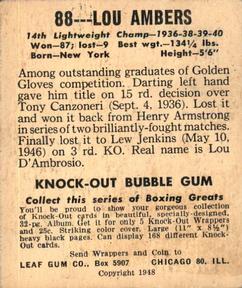 1948 Leaf Knock Out #88 Lou Ambers Back