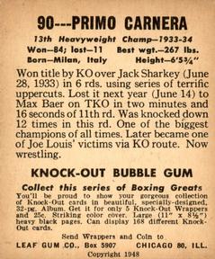 1948 Leaf Knock Out #90 Primo Carnera Back