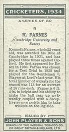 1934 Player's Cricketers #9 Ken Farnes Back