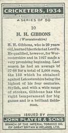 1934 Player's Cricketers #10 Harold Gibbons Back