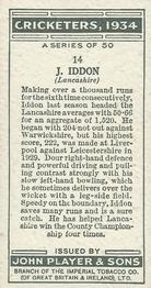 1934 Player's Cricketers #14 Jack Iddon Back