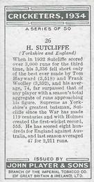 1934 Player's Cricketers #26 Herbert Sutcliffe Back