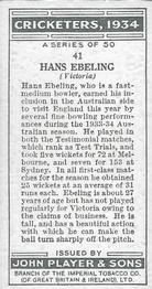 1934 Player's Cricketers #41 Hans Ebeling Back
