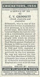 1934 Player's Cricketers #43 Clarrie Grimmett Back