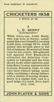 1938 Player's Cricketers #3 Les Berry Back