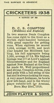 1938 Player's Cricketers #4 Denis Compton Back