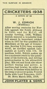 1938 Player's Cricketers #7 Bill Edrich Back