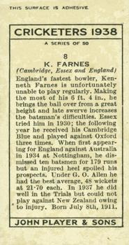 1938 Player's Cricketers #8 Ken Farnes Back