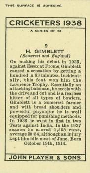 1938 Player's Cricketers #9 Harold Gimblett Back