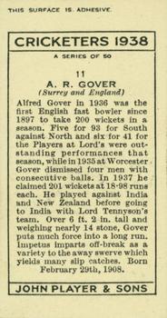 1938 Player's Cricketers #11 Alf Gover Back