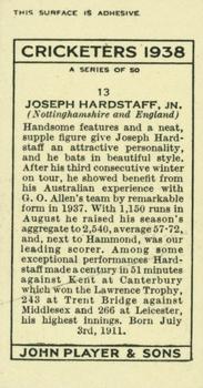1938 Player's Cricketers #13 Joseph Hardstaff Back