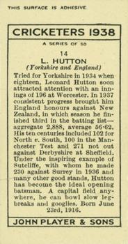 1938 Player's Cricketers #14 Len Hutton Back