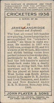 1938 Player's Cricketers #15 James Langridge Back