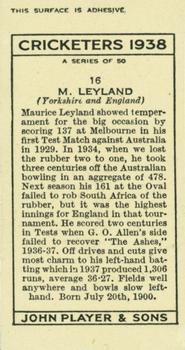 1938 Player's Cricketers #16 Maurice Leyland Back