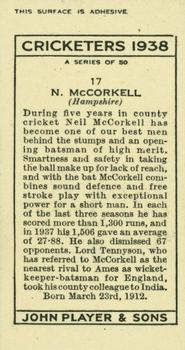 1938 Player's Cricketers #17 Neil McCorkell Back