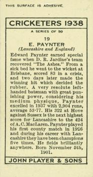 1938 Player's Cricketers #19 Eddie Paynter Back