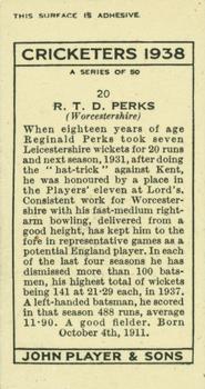 1938 Player's Cricketers #20 Reg Perks Back