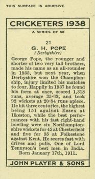 1938 Player's Cricketers #21 Alf Pope Back