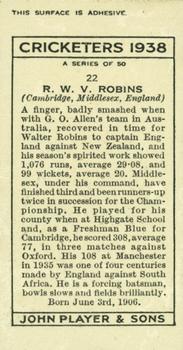 1938 Player's Cricketers #22 Robert W. V. Robins Back