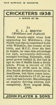 1938 Player's Cricketers #24 Jim Smith Back