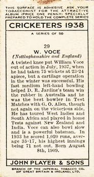 1938 Player's Cricketers #29 Bill Voce Back