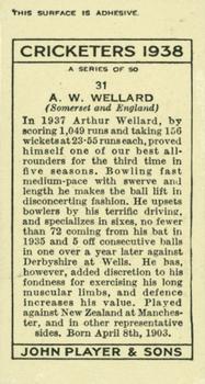 1938 Player's Cricketers #31 Arthur Wellard Back