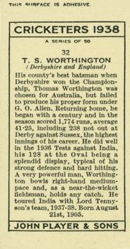 1938 Player's Cricketers #32 Stan Worthington Back