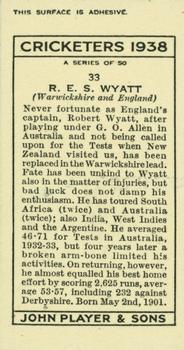 1938 Player's Cricketers #33 Robert E.S. Wyatt Back