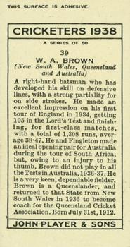 1938 Player's Cricketers #39 Bill Brown Back