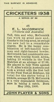 1938 Player's Cricketers #45 Ernie McCormick Back