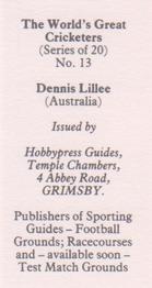1984 Hobbypress Guides The World's Greatest Cricketers #13 Dennis Lillee Back