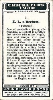 1930 Player's Cricketers #1 Ted a'Beckett Back