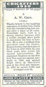 1930 Player's Cricketers #6 Arthur Carr Back