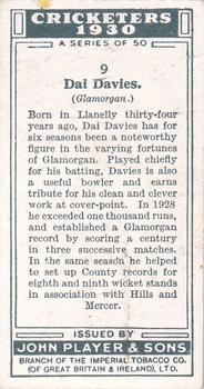 1930 Player's Cricketers #9 Emrys Davies Back