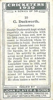 1930 Player's Cricketers #10 George Duckworth Back