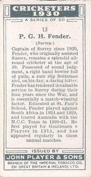 1930 Player's Cricketers #13 Percy Fender Back