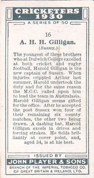 1930 Player's Cricketers #16 Arthur Gilligan Back