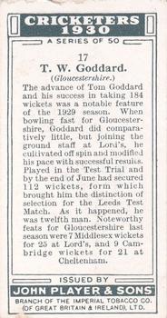 1930 Player's Cricketers #17 Tom Goddard Back