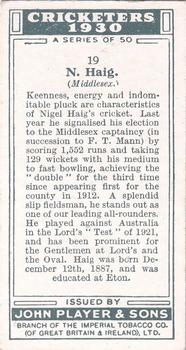 1930 Player's Cricketers #19 Nigel Haig Back