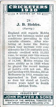 1930 Player's Cricketers #24 Jack Hobbs Back