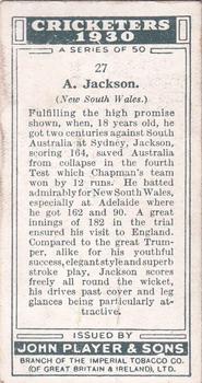 1930 Player's Cricketers #27 Archie Jackson Back