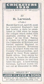 1930 Player's Cricketers #30 Harold Larwood Back